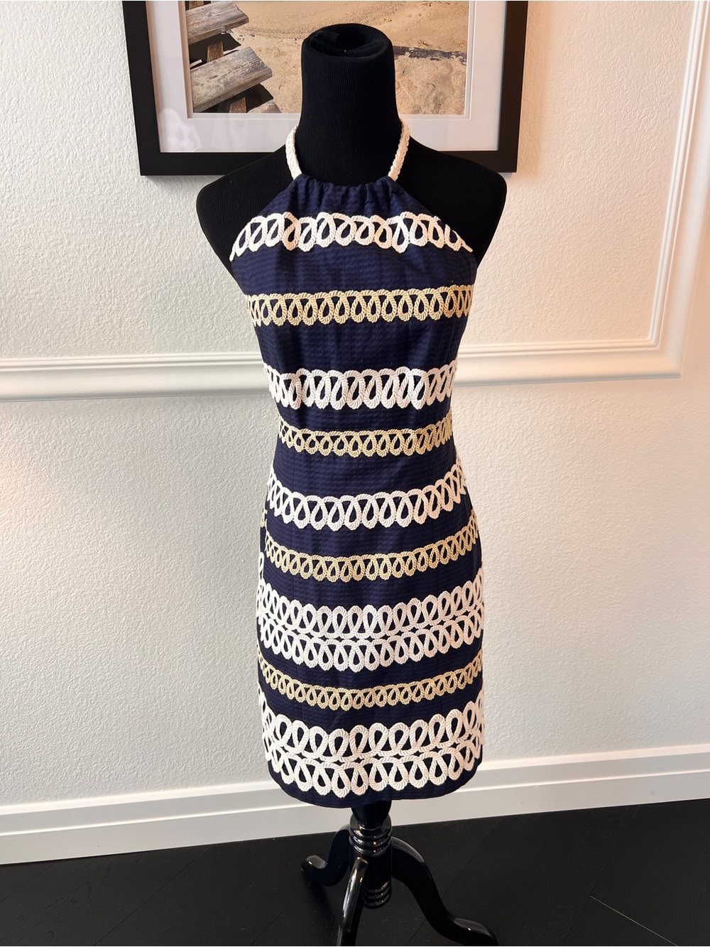 Lilly Pulitzer Navy Halter Mini Dress with White Crochet Stripes